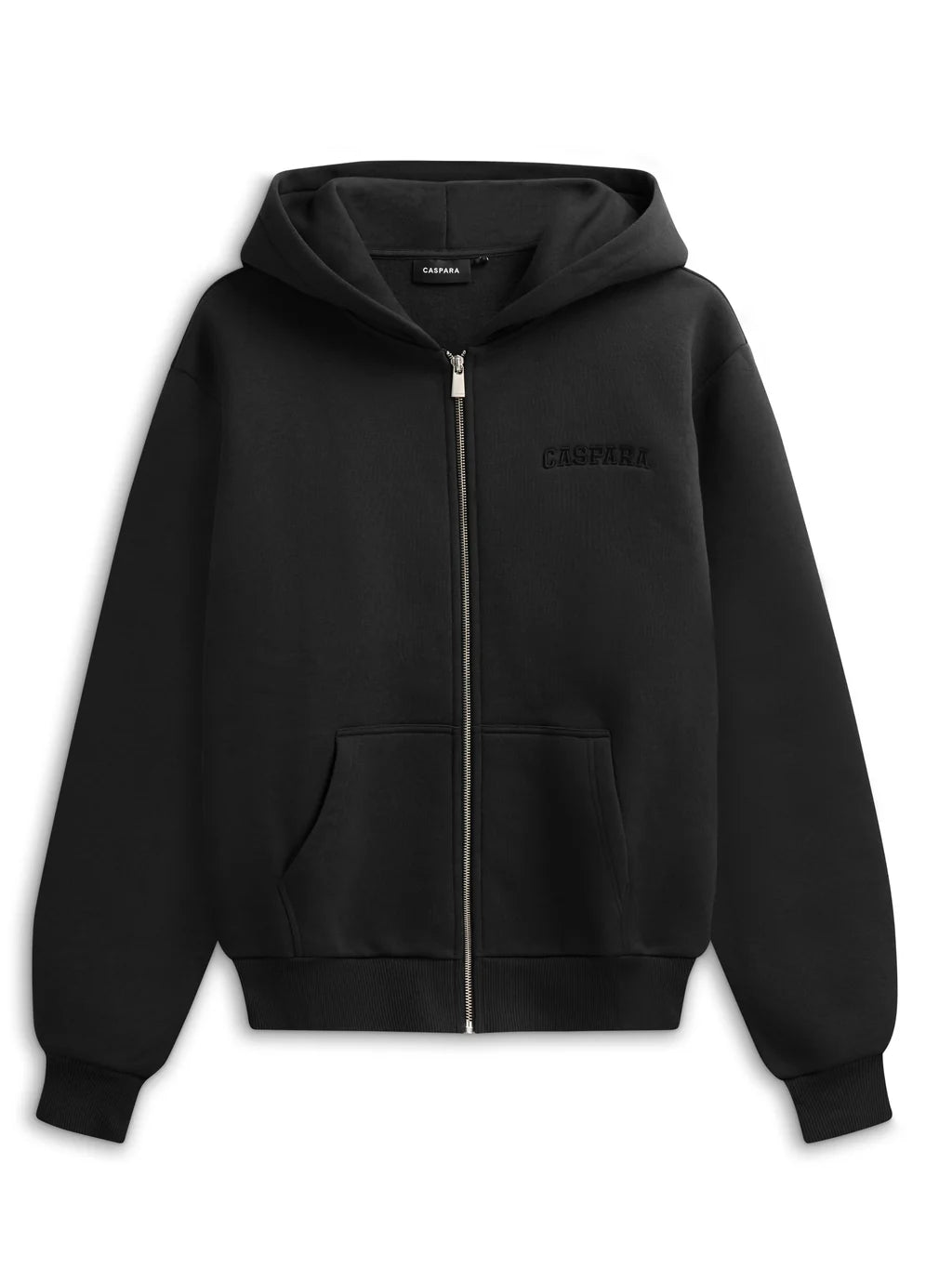 Black CASPARA full-zip hoodie with tonal logo embroidery against a white background.